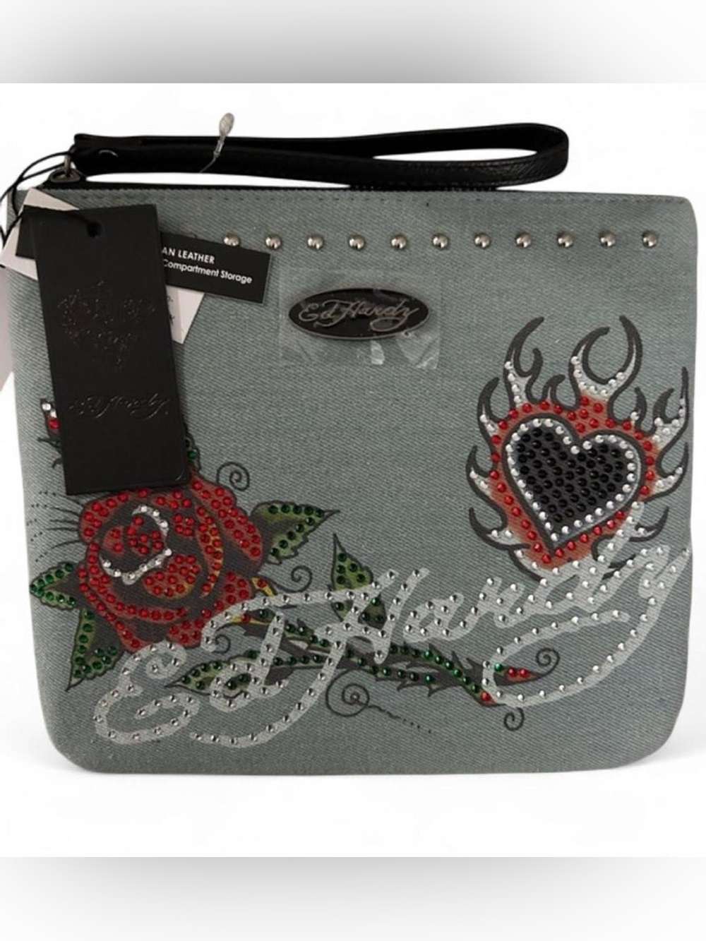 Ed Hardy Gray Embellished Wristlet Clutch with Rose and Heart Design